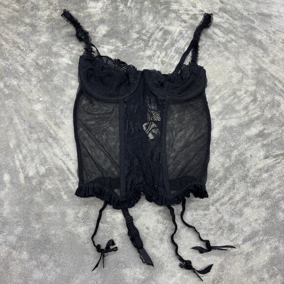 VTG Victoria's Secret Black Corset Garter Bustier 36B Sheer Lace Gold Label gx - Picture 1 of 10